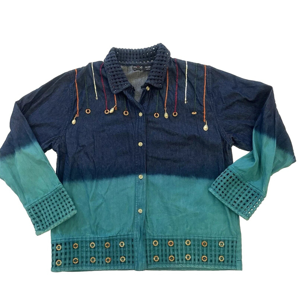 Vtg More by Lata Women Denim Jacket Embroidered Breads Lace BOHO Y2K Size:L